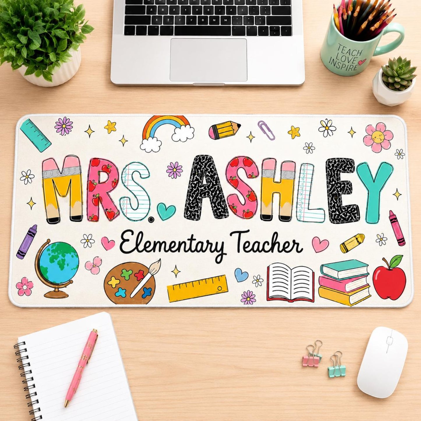 Personalized Teacher Desk Mat, Custom Name Teacher Mouse Pad, Teacher Appreciation Gift