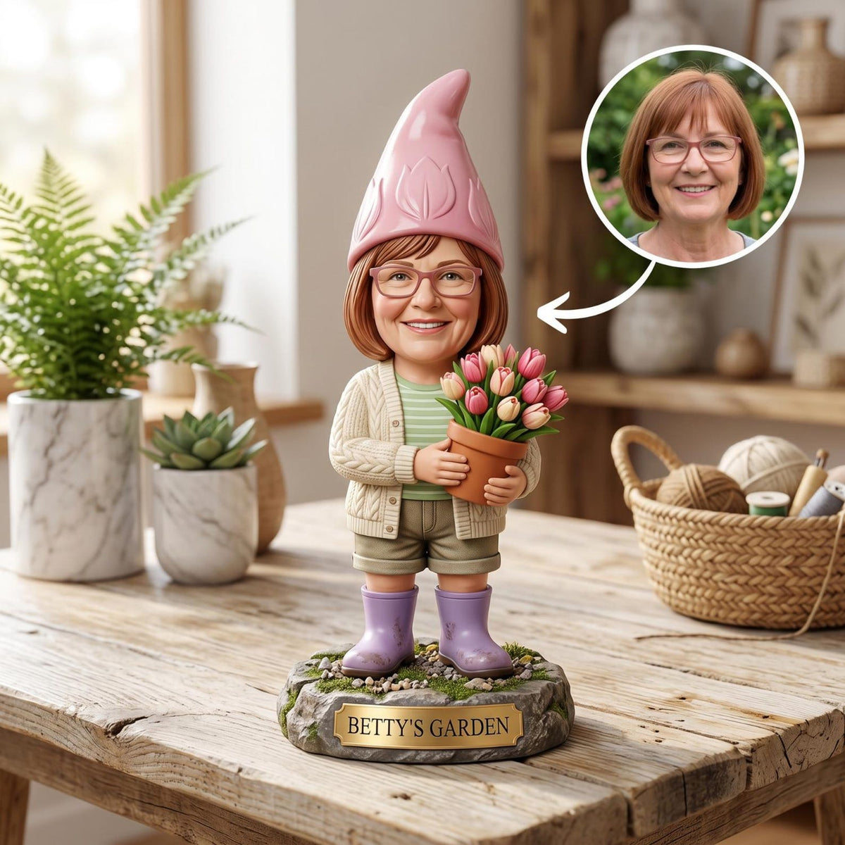 Personalized Grandma Garden Gnome 2D FLAT Wooden Block, Custom Photo and Name Flower Pot