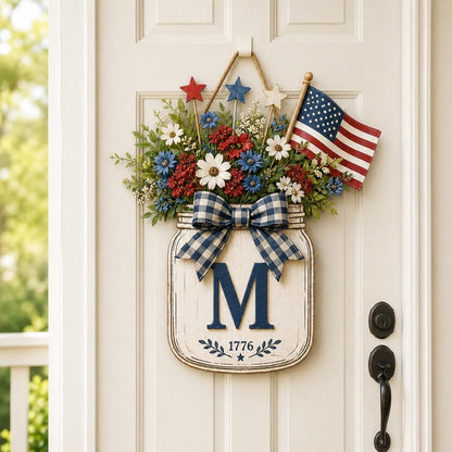 Custom Initial Door Hanger, Patriotic Floral Jar Front Door Decor