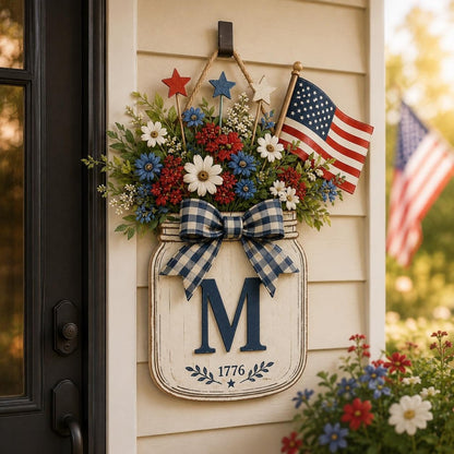 Custom Initial Door Hanger, Patriotic Floral Jar Front Door Decor