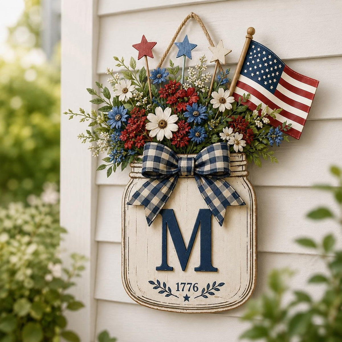 Custom Initial Door Hanger, Patriotic Floral Jar Front Door Decor