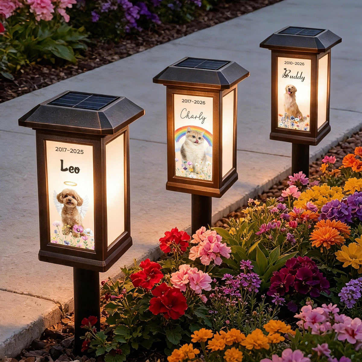 Custom Pet Photo Flower Rainbow Angel Wing Solar Garden Light with Name