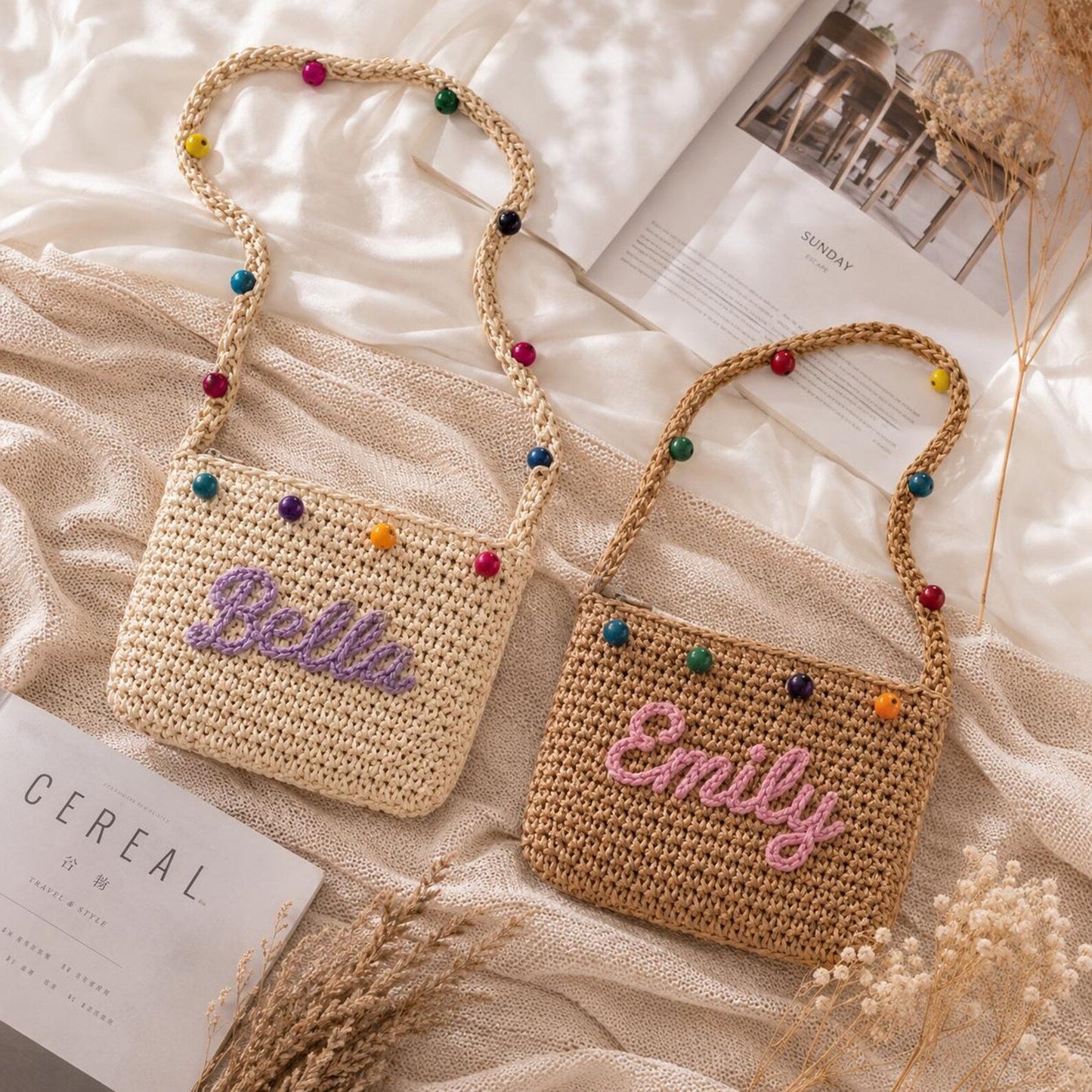 Personalized Name Straw Crossbody Bag, Custom Embroidery Kids Shoulder Bag