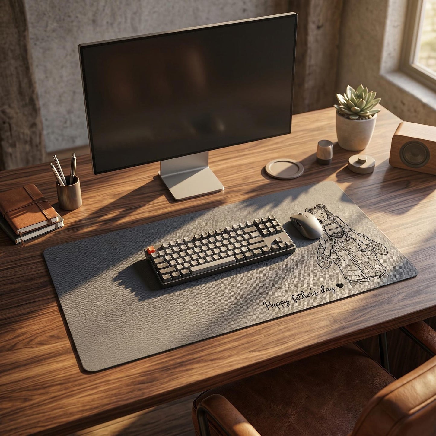 Personalized Leather Desk Mat from Photo, Custom Line Art Mouse Pad for Dad