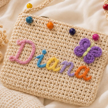 Personalized Name Straw Crossbody Bag, Custom Embroidery Kids Shoulder Bag