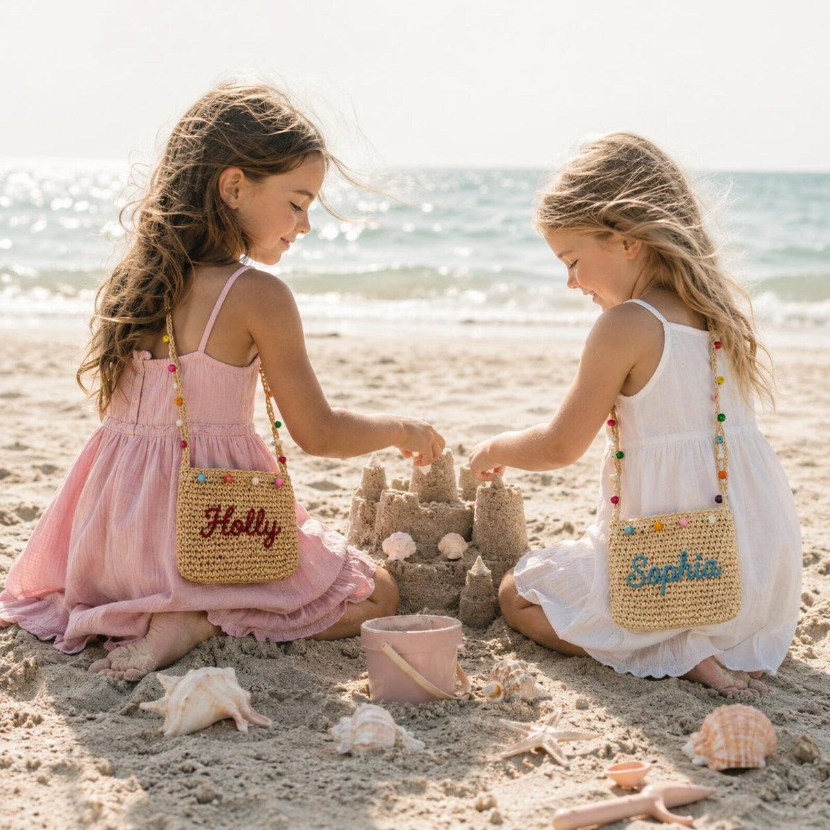 Personalized Name Straw Crossbody Bag, Custom Embroidery Kids Shoulder Bag