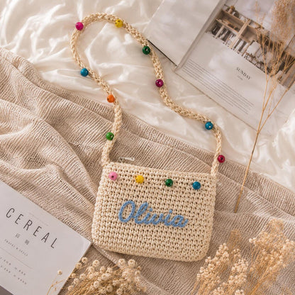 Personalized Name Straw Crossbody Bag, Custom Embroidery Kids Shoulder Bag