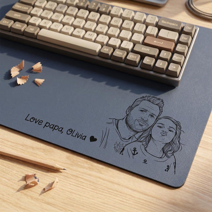 Personalized Leather Desk Mat from Photo, Custom Line Art Mouse Pad for Dad
