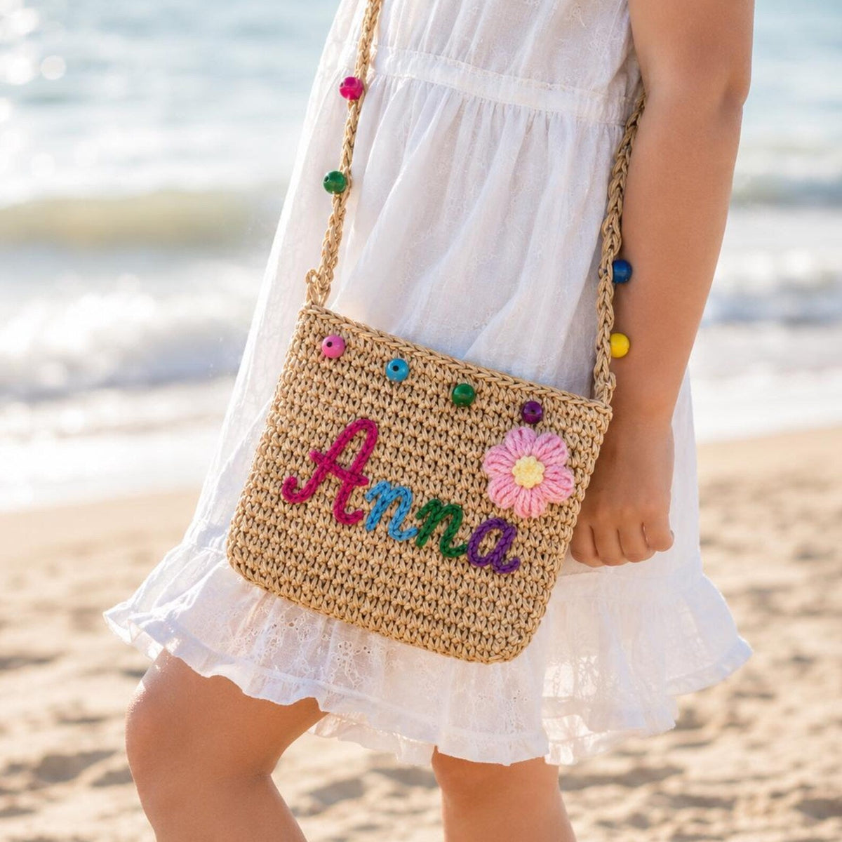 Personalized Name Straw Crossbody Bag, Custom Embroidery Kids Shoulder Bag