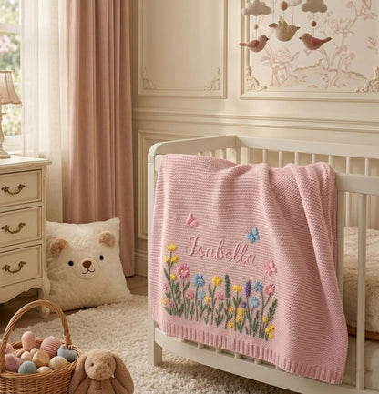 Custom Embroidered Name Blanket with Butterflies and Wildflowers for Newborn