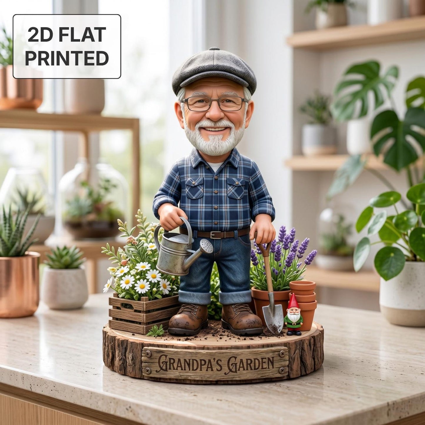 Personalized Grandpa Garden Gnome 2D FLAT Wooden Block, Custom Photo Caricature Plaque Sign