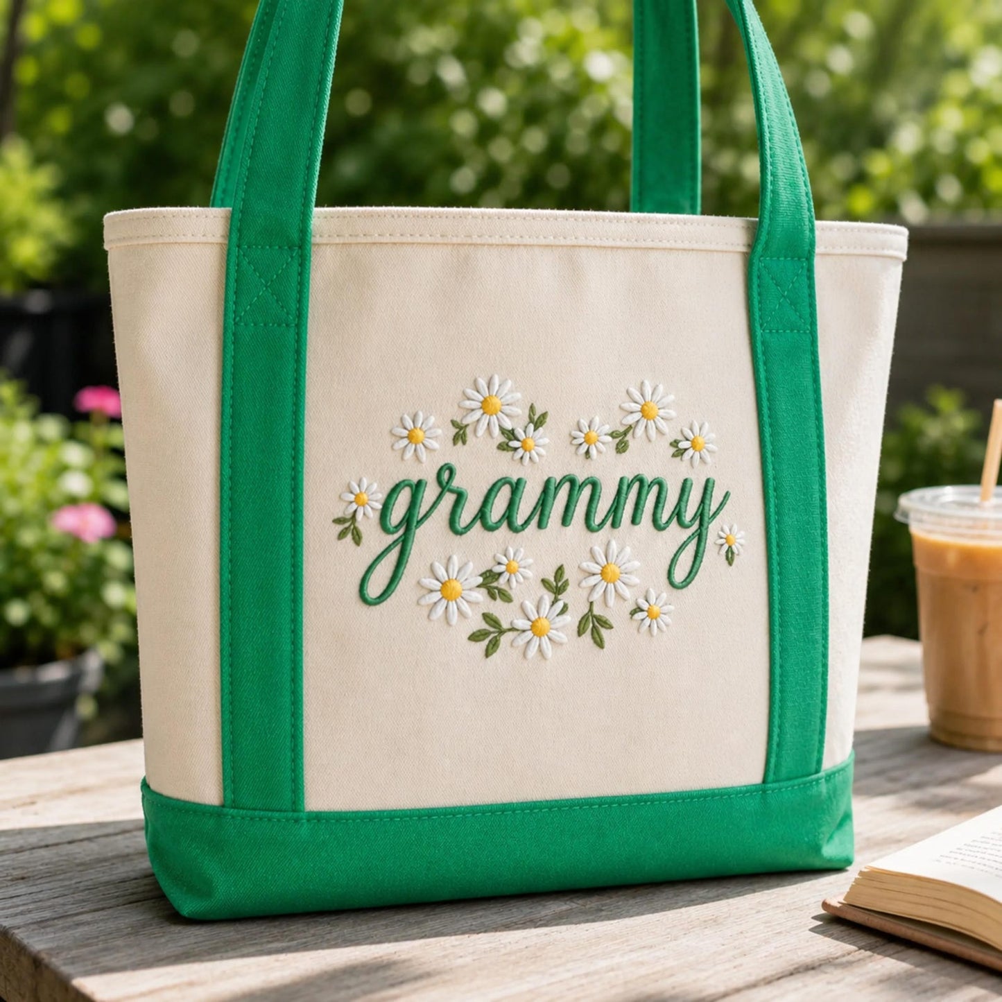 Embroidered Grammy Floral Tote Bag, Custom Grandma Gift with Daisy Embroidery