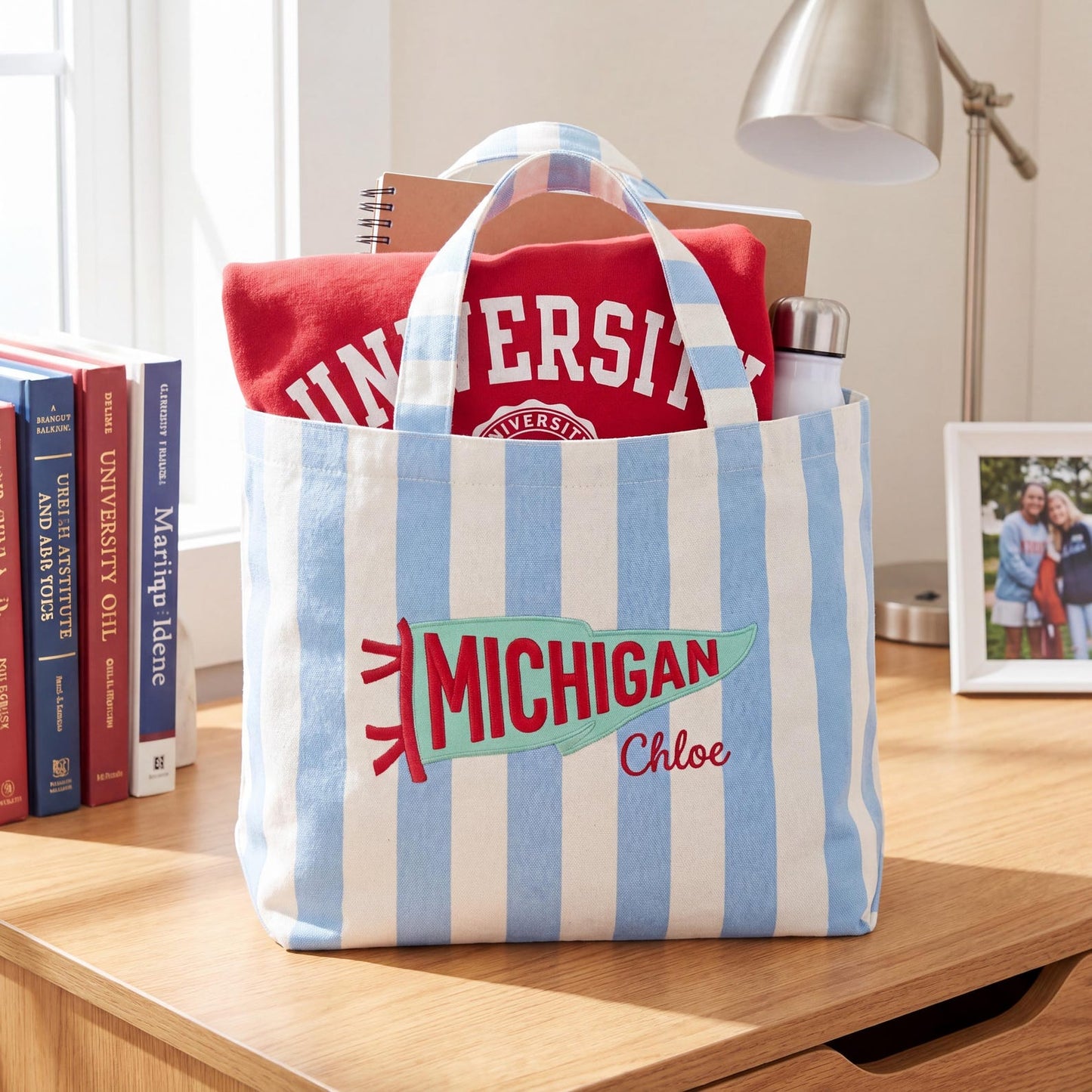 Personalized College Pennant Tote Bag with Name, School Spirit Striped Canvas Tote