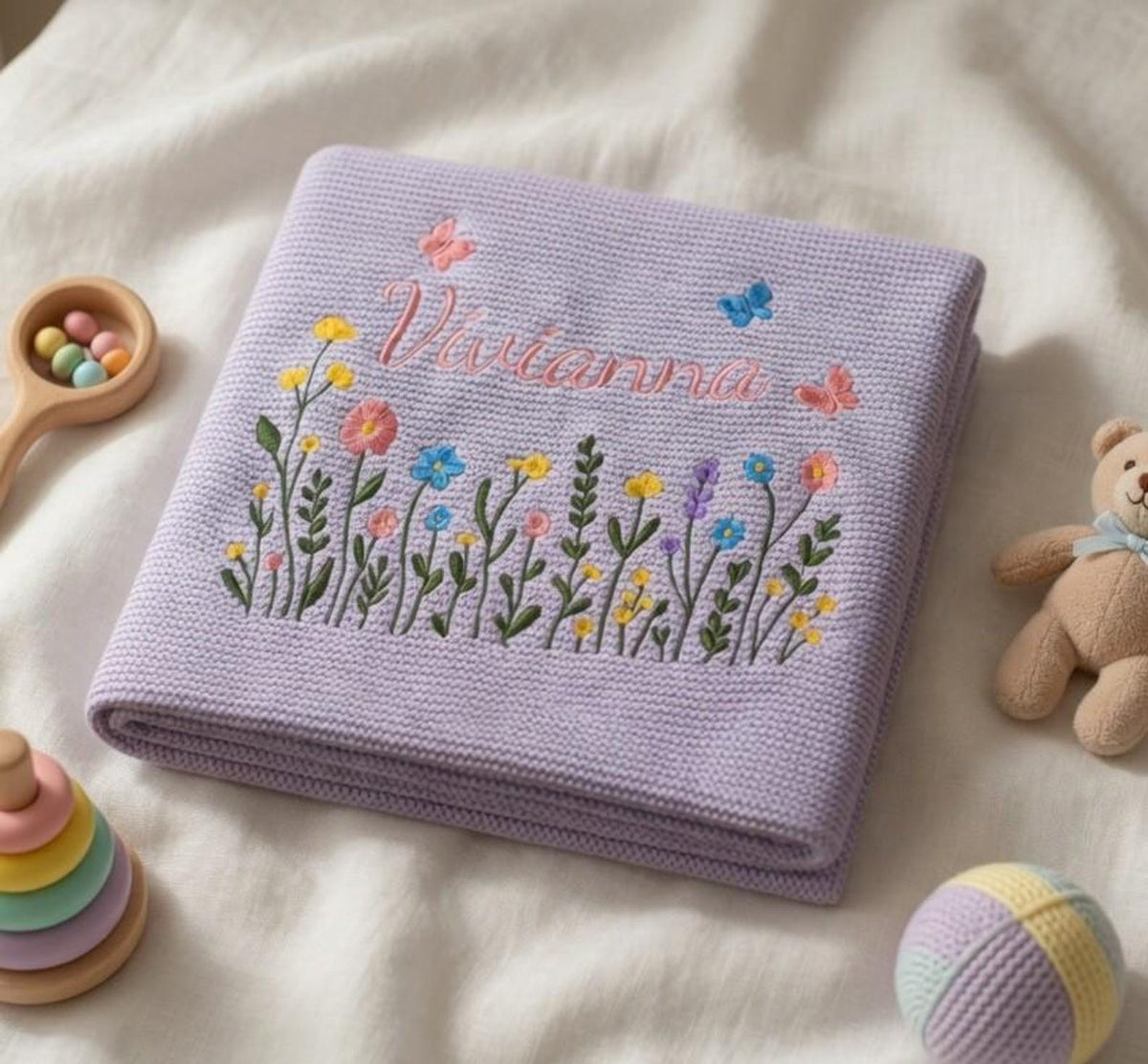 Custom Embroidered Name Blanket with Butterflies and Wildflowers for Newborn