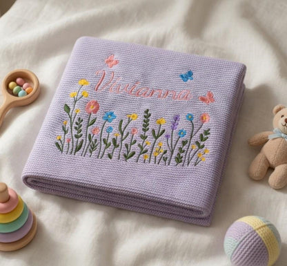 Custom Embroidered Name Blanket with Butterflies and Wildflowers for Newborn