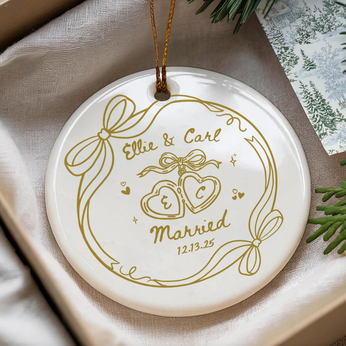 2 Sided Ceramic Ornament, Custom Engagement Gift, Personalized Engagement Gift for Engaged Couples