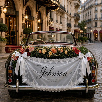 Personalized White Lace Wedding Car Banner, Custom Name and Date Fabric Sign