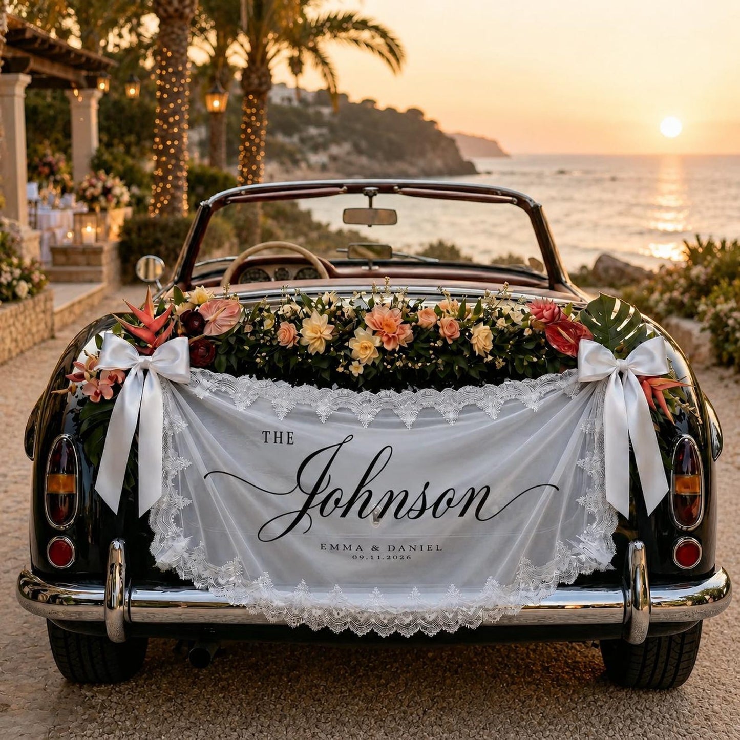 Personalized White Lace Wedding Car Banner, Custom Name and Date Fabric Sign