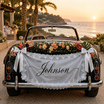 Personalized White Lace Wedding Car Banner, Custom Name and Date Fabric Sign