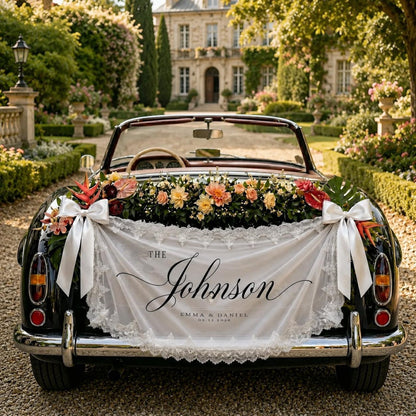 Personalized White Lace Wedding Car Banner, Custom Name and Date Fabric Sign