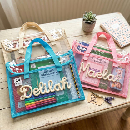 Personalised A4 Clear Handle Folder, Waterproof School Book Bag, Transparent Library Bag for Kids