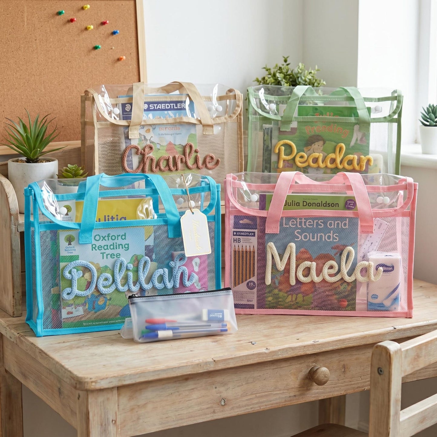 Personalised A4 Clear Handle Folder, Waterproof School Book Bag, Transparent Library Bag for Kids