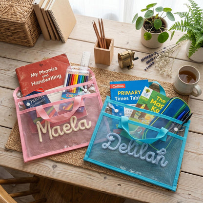 Personalised A4 Clear Handle Folder, Waterproof School Book Bag, Transparent Library Bag for Kids