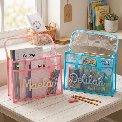 Personalised A4 Clear Handle Folder, Waterproof School Book Bag, Transparent Library Bag for Kids