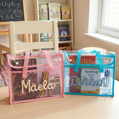 Personalised A4 Clear Handle Folder, Waterproof School Book Bag, Transparent Library Bag for Kids