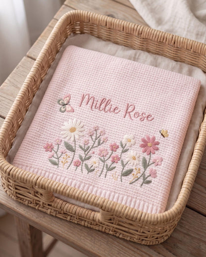 Personalized Floral Embroidered Baby Blanket - Custom Name Knitted Throw