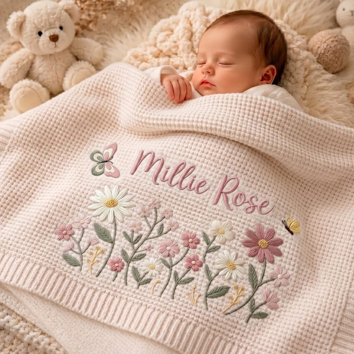 Personalized Floral Embroidered Baby Blanket - Custom Name Knitted Throw