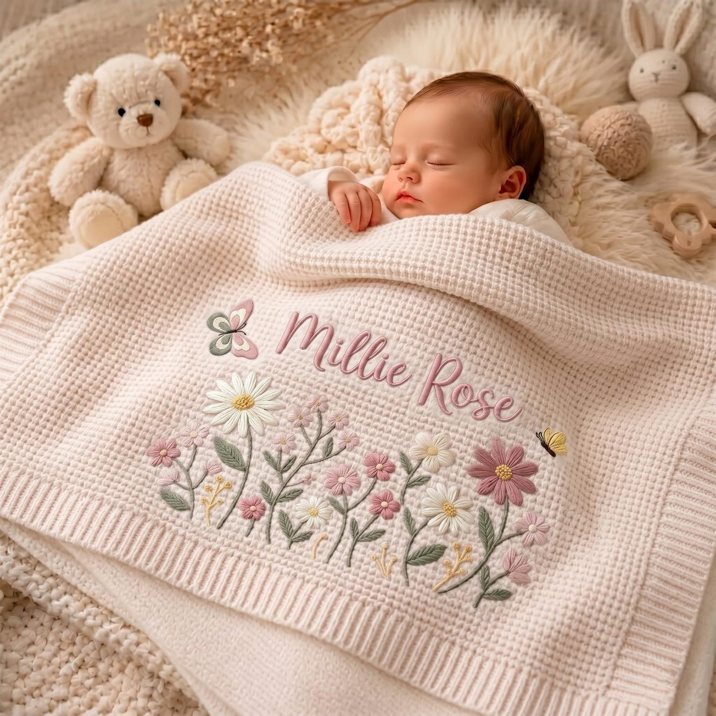 Personalized Floral Embroidered Baby Blanket - Custom Name Knitted Throw
