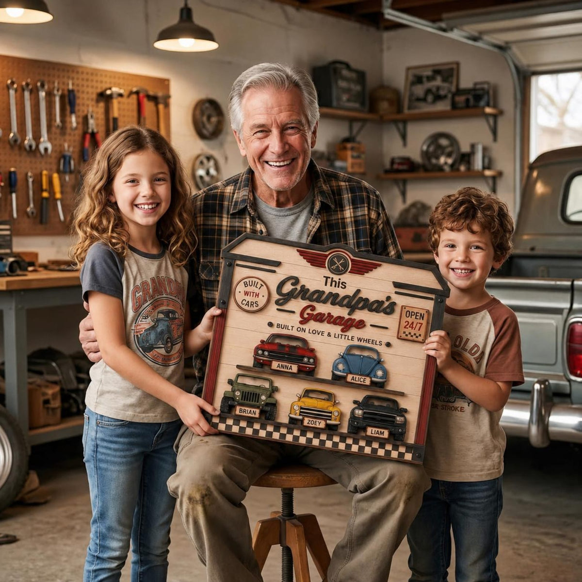 Personalized Grandpa's Garage Wood Sign, Custom Kids Name Car Decor