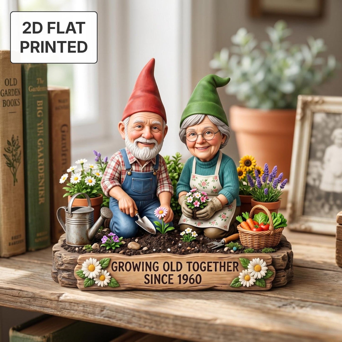 Personalized Grandparents Garden Gnome 2D FLAT Wooden Block, Custom Photo Plaque