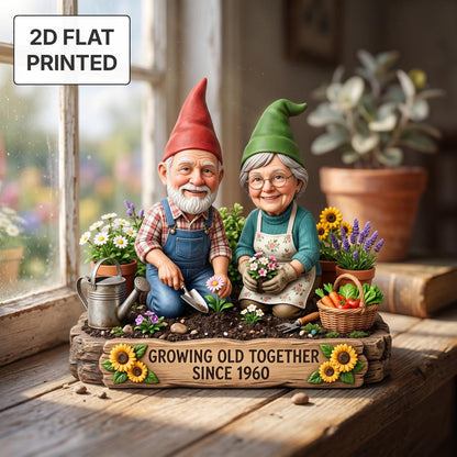 Personalized Grandparents Garden Gnome 2D FLAT Wooden Block, Custom Photo Plaque