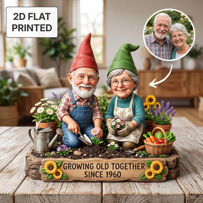 Personalized Grandparents Garden Gnome 2D FLAT Wooden Block, Custom Photo Plaque