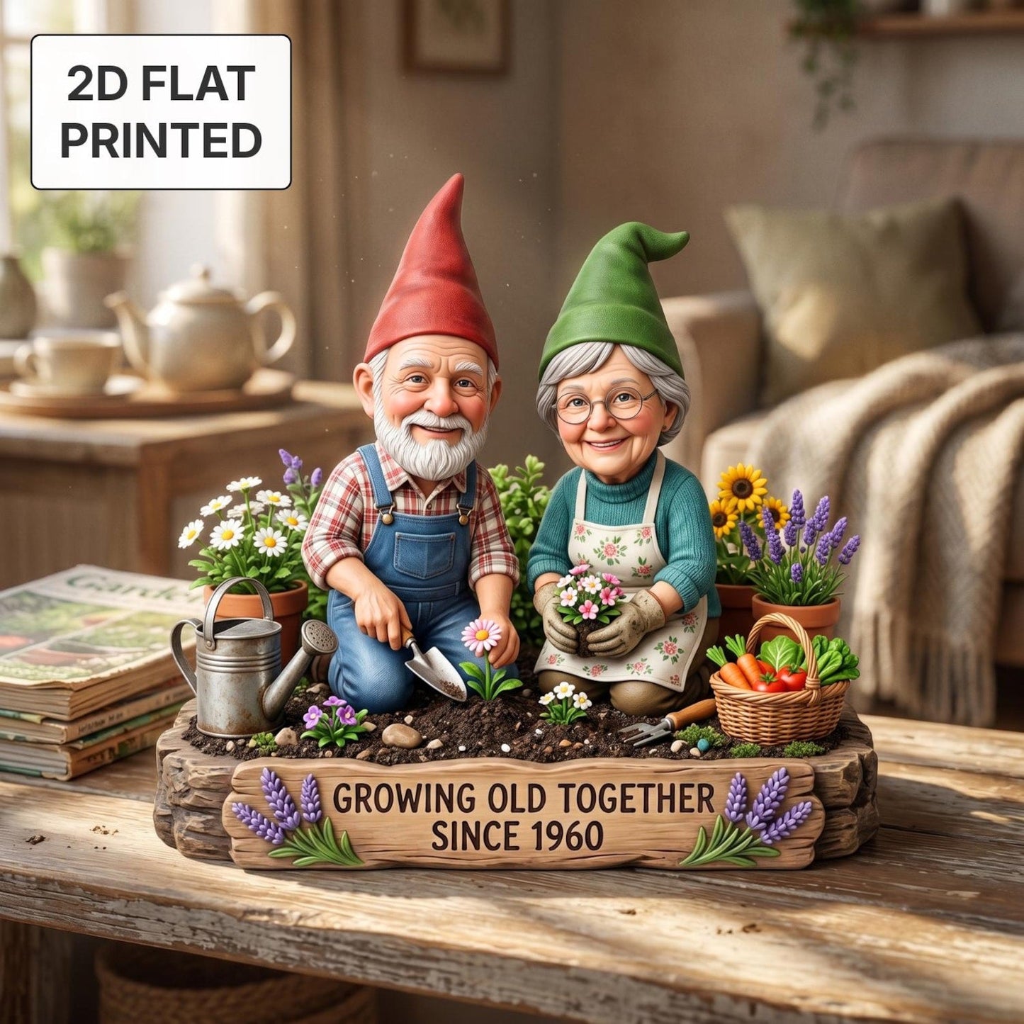 Personalized Grandparents Garden Gnome 2D FLAT Wooden Block, Custom Photo Plaque