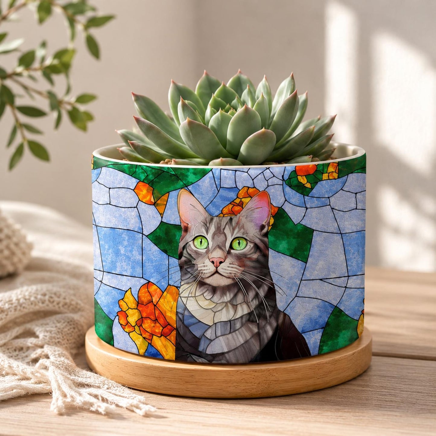Custom Mosaic Stained Glass Photo Ceramic Plant Pot, Personalized Portrait Dog Cat