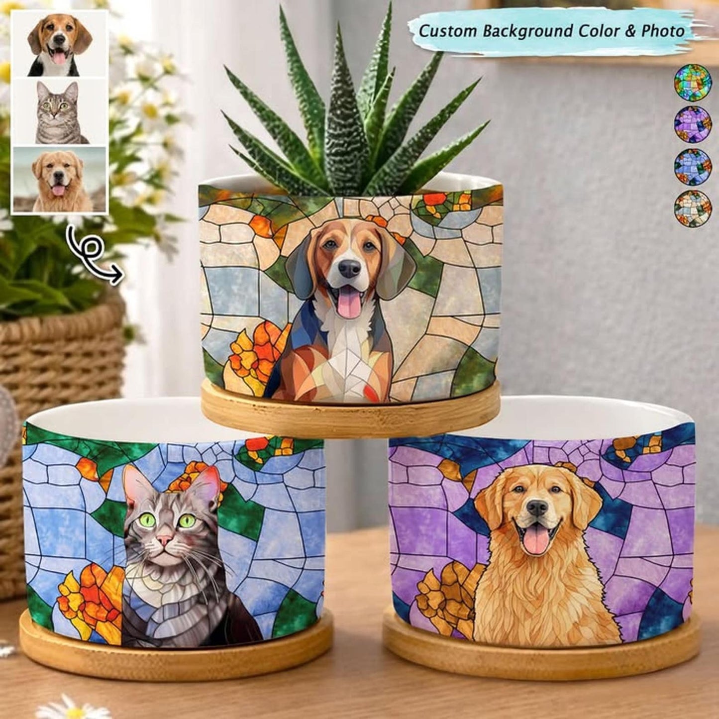 Custom Mosaic Stained Glass Photo Ceramic Plant Pot, Personalized Portrait Dog Cat