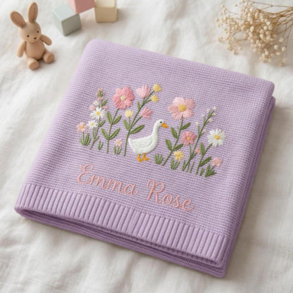 Personalized Embroidered Goose Floral Baby Blanket - Duck Wildflower Knit Throw, Newborn Blanket
