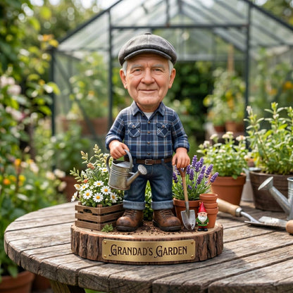 Personalized Grandpa Garden Gnome 2D FLAT Wooden Block, Custom Photo Caricature Plaque Sign