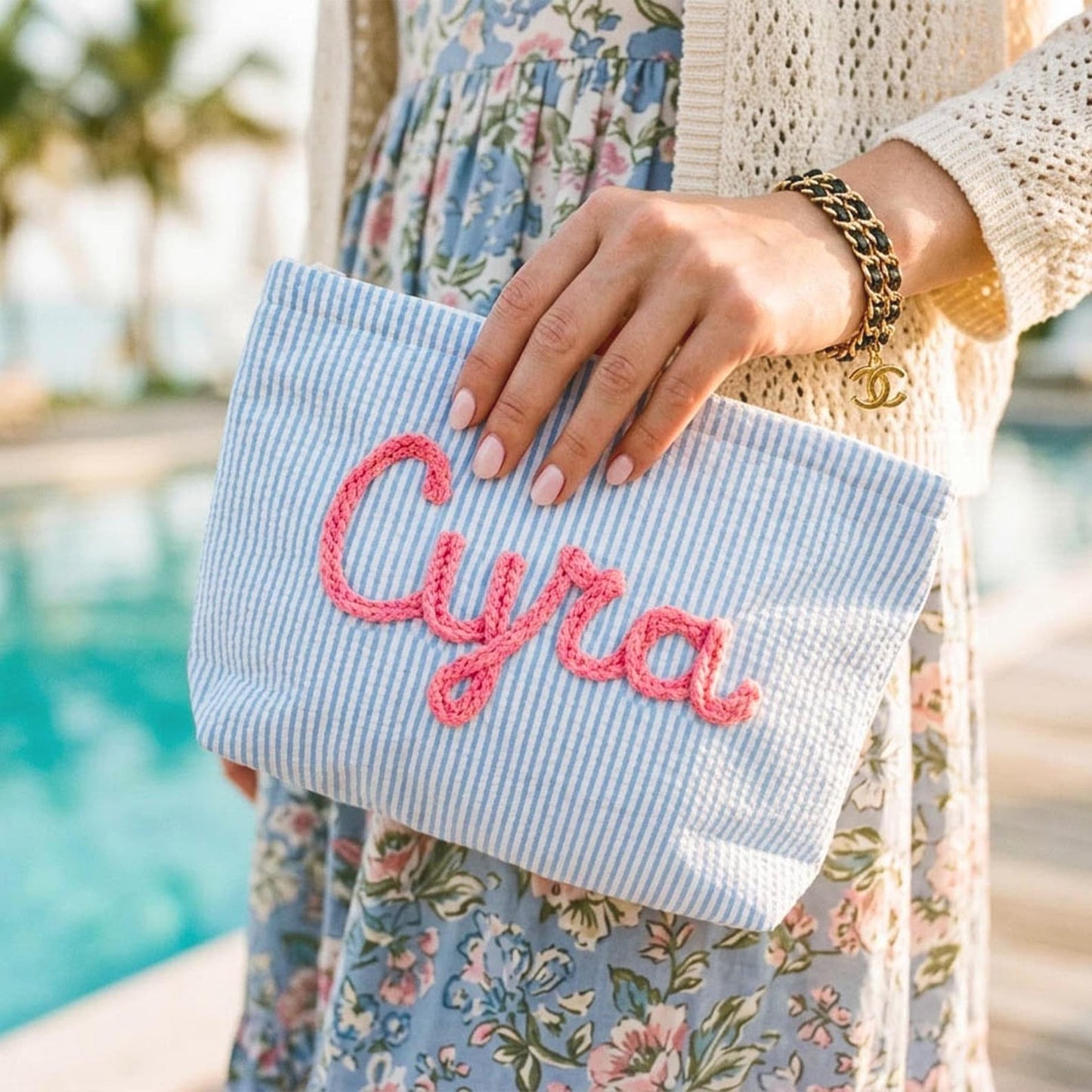 Custom Seersucker Makeup Bag Vacation Travel Pouch Personalized Chenille Name Toiletry Bag