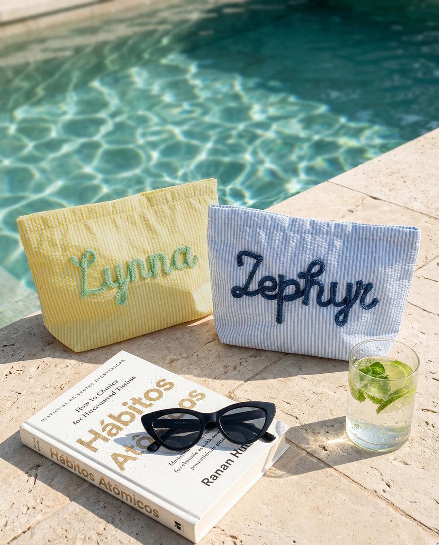 Custom Seersucker Makeup Bag Vacation Travel Pouch Personalized Chenille Name Toiletry Bag