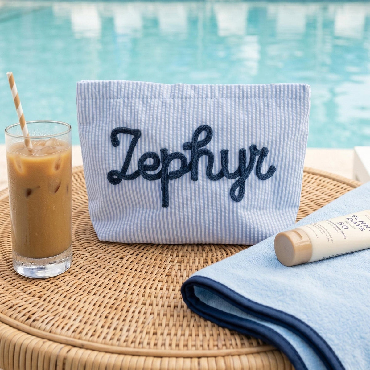 Custom Seersucker Makeup Bag Vacation Travel Pouch Personalized Chenille Name Toiletry Bag