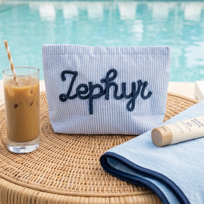 Custom Seersucker Makeup Bag Vacation Travel Pouch Personalized Chenille Name Toiletry Bag