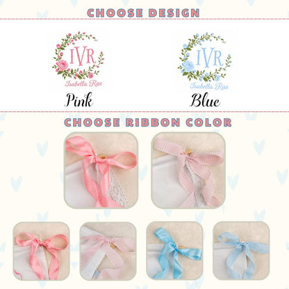 Personalized Baby Banner with Birth Name Tag, Welcome Banner with Floral Crest, Bows Baby Banner