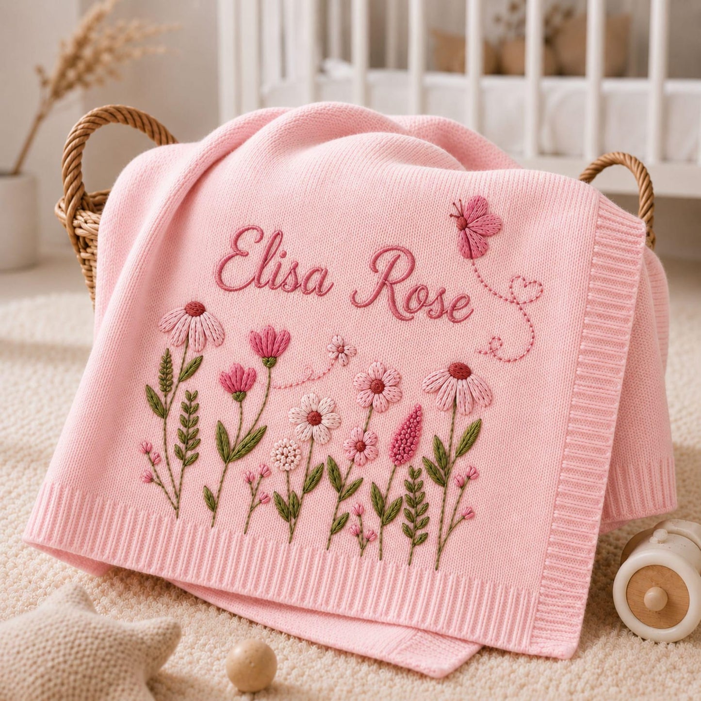 Personalized Floral Butterfly Embroidered Baby Blanket, Custom Embroidered Knit Name Blanket