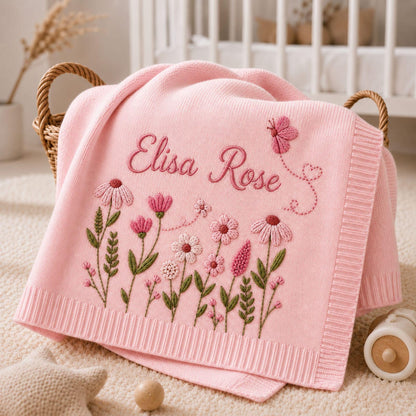 Personalized Floral Butterfly Embroidered Baby Blanket, Custom Embroidered Knit Name Blanket