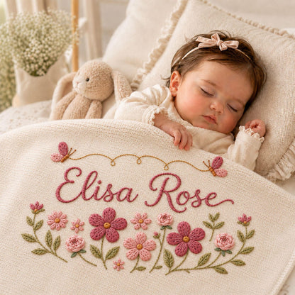 Personalized Floral Butterfly Embroidered Baby Blanket, Custom Embroidered Knit Name Blanket