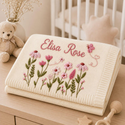 Personalized Floral Butterfly Embroidered Baby Blanket, Custom Embroidered Knit Name Blanket